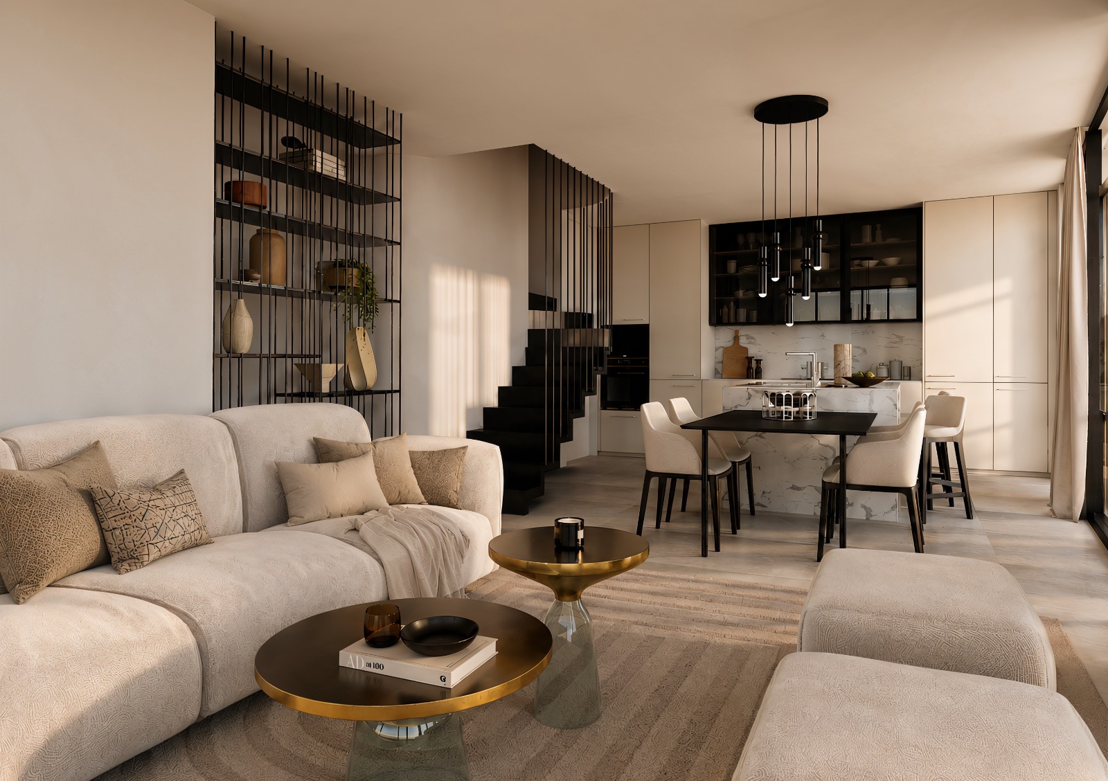 Salón comedor con escalera negra y cocina al fondo