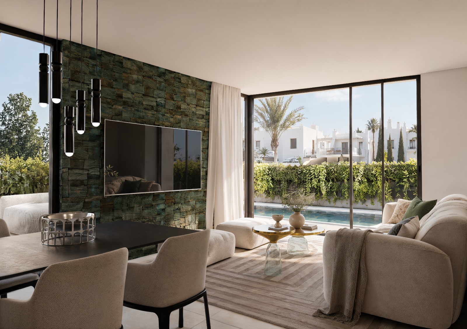 Salón con doble orientación abierto al jardín y la piscina privada